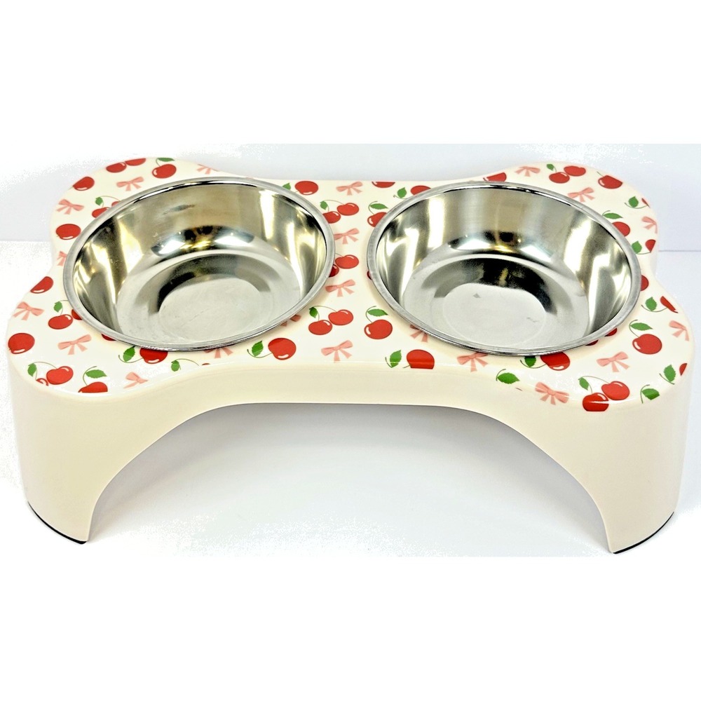 Roxie Rae Elevated Pet Bowls Cherry Print‎ Dog Cat Feeder 2 Stainless Bowls